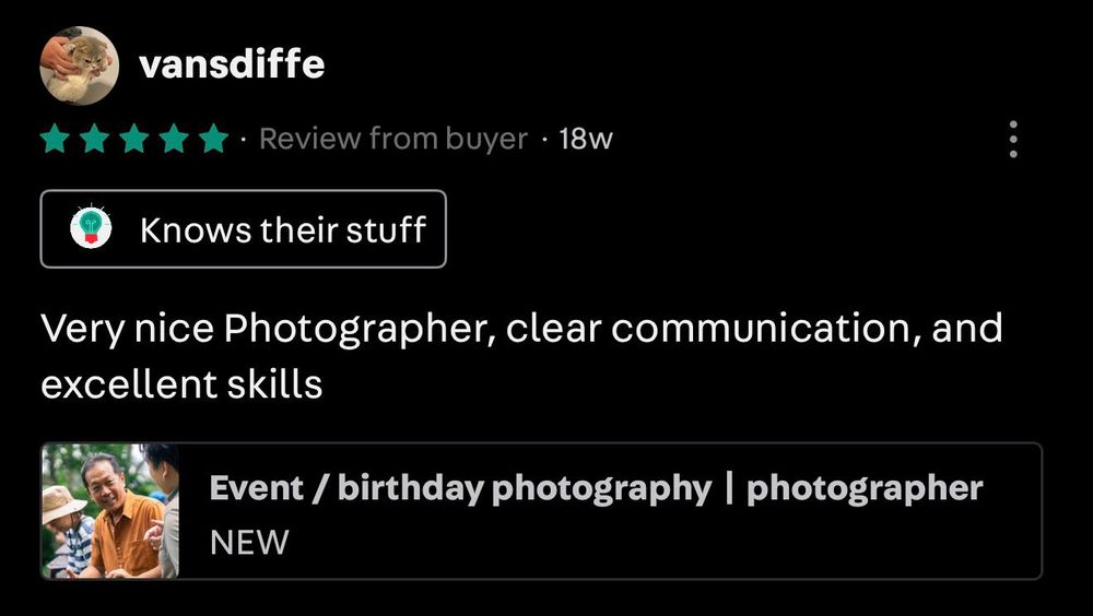 Five-star review from vansdiffe praising clear communication and photography skills.