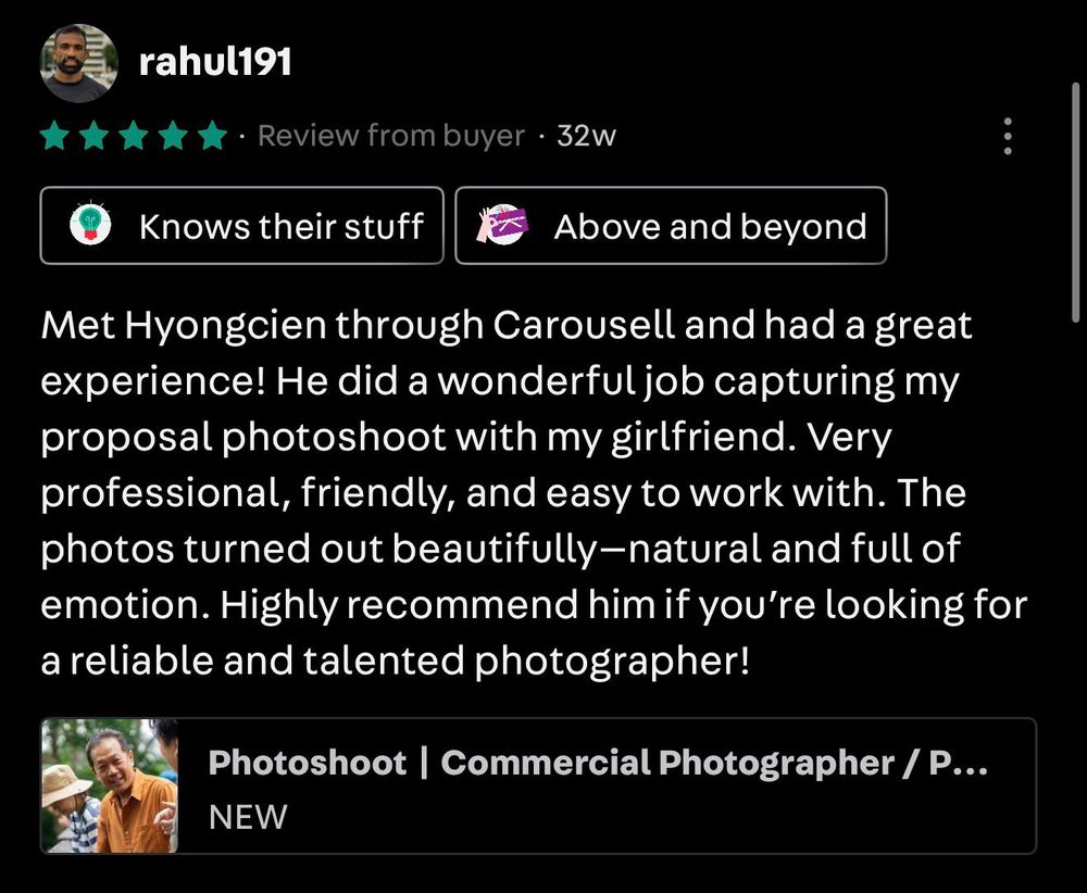 Five-star review from rahul191 about a proposal photoshoot, praising natural photographs and friendly service.