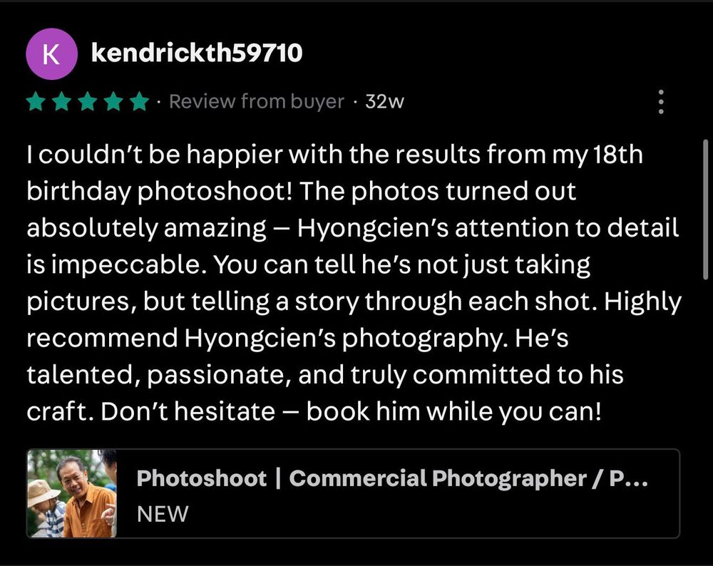 Five-star review from kendrickth59710 praising the storytelling and attention to detail in an 18th birthday photoshoot.