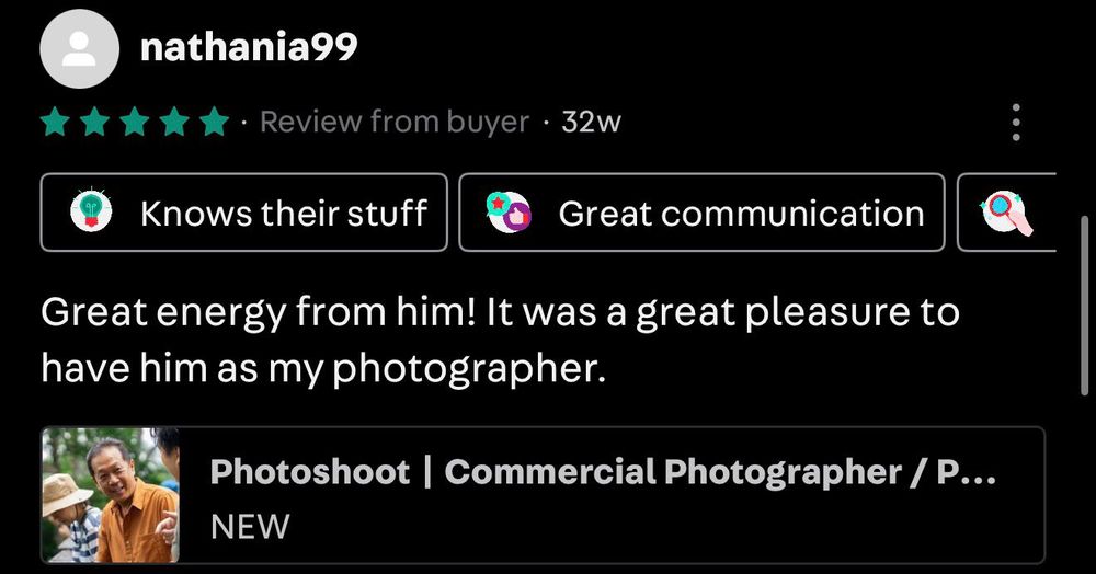 Five-star review from nathania99 praising the photographer's energy and the session experience.